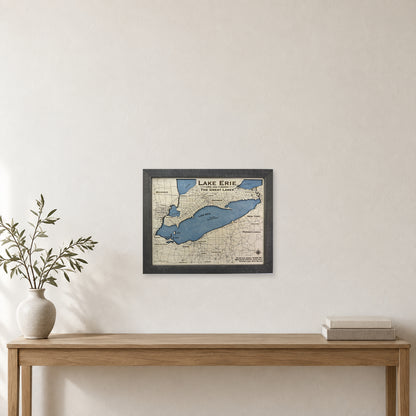 Lake Erie Black Single wood map — single layer, staged room mockup