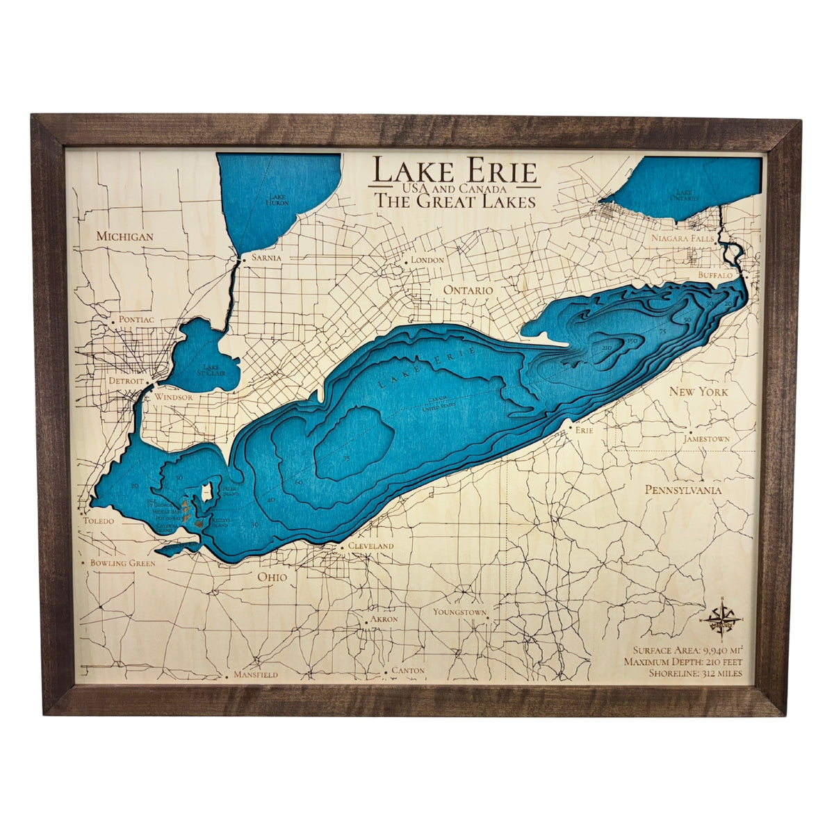 Lake Erie map with walnut frame. 