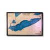 Wooden multilayer Lake Erie map on white background.