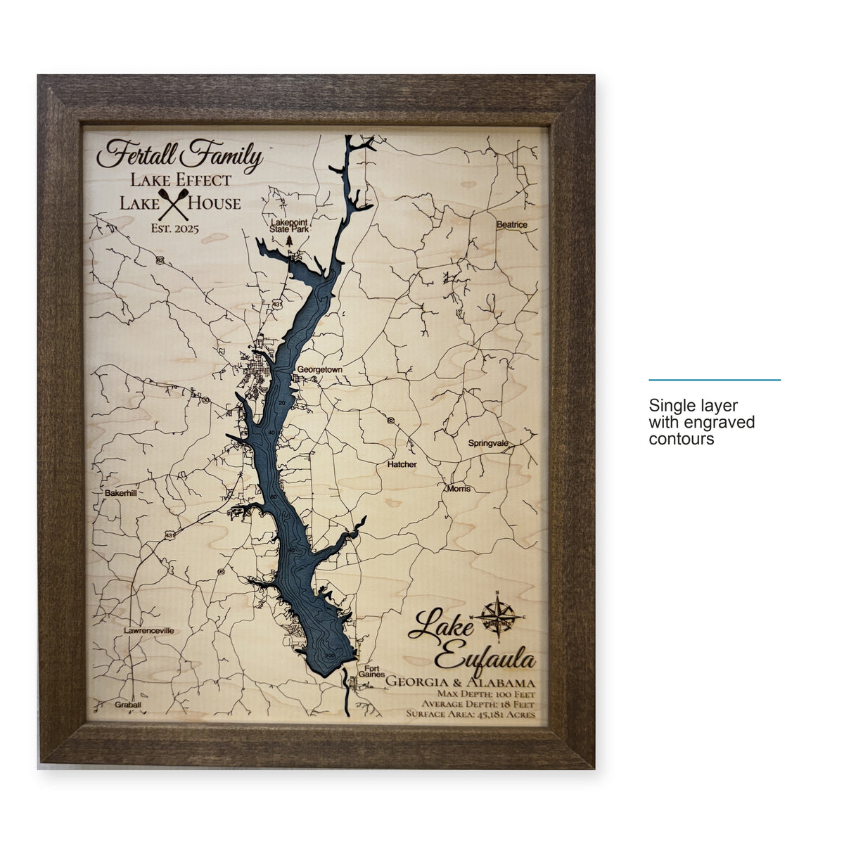 Lake Eufaula wood map — single layer with engraved contours, layer option shown