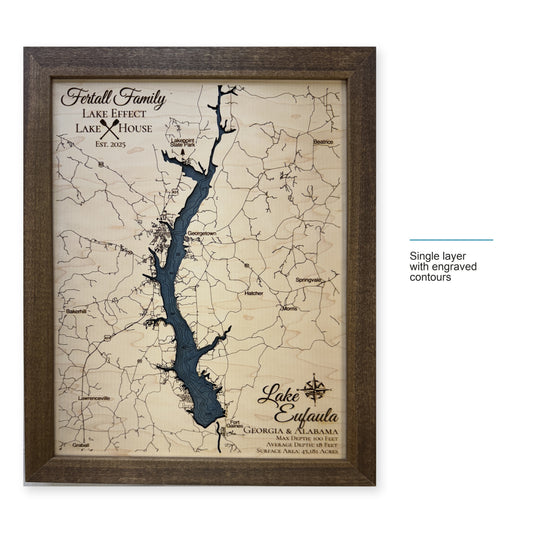 Lake Eufaula wood map — single layer with engraved contours, layer option shown