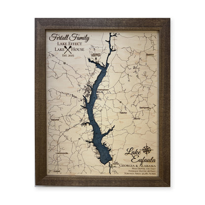 Lake Eufaula wood map — single layer with engraved contours, white background
