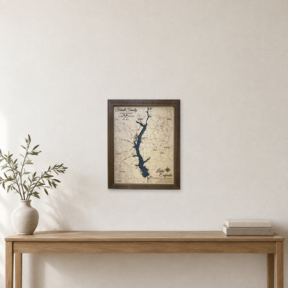 Lake Eufaula wood map — single layer with engraved contours, staged room mockup