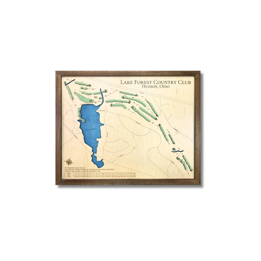 Framed wooden map of Lake Forest Country Club in Ohio on a white background.