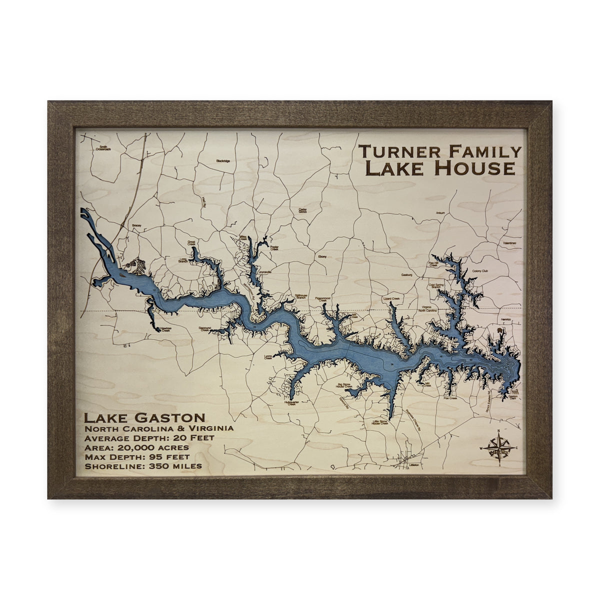 Lake Gaston Turner wood map — single layer with engraved contours, white background