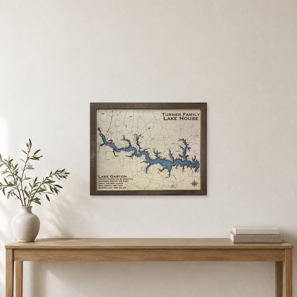 Lake Gaston Turner wood map — single layer with engraved contours, staged room mockup