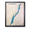 Engraved water layer map of Lake George, New York with a black frame.