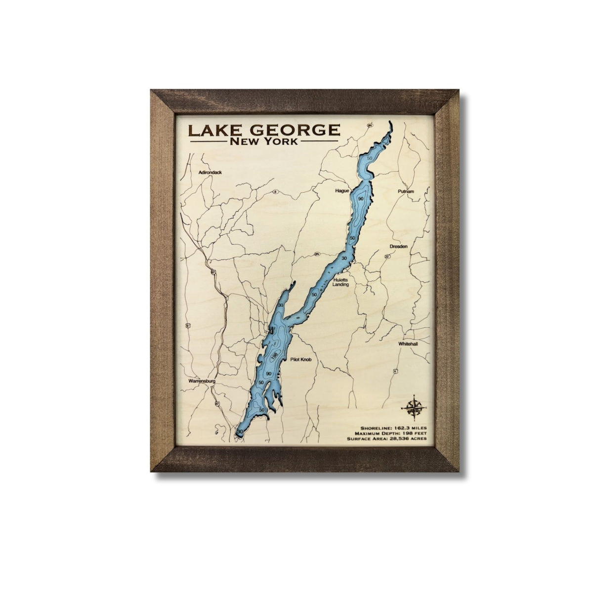 Engrave water layer map of Lake George with light blue water stain and a brown frame. 