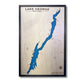 Engraved water layer map of Lake George, New York, with a black frame. 