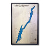 Engraved water layer map of Lake George, New York, with a black frame. 