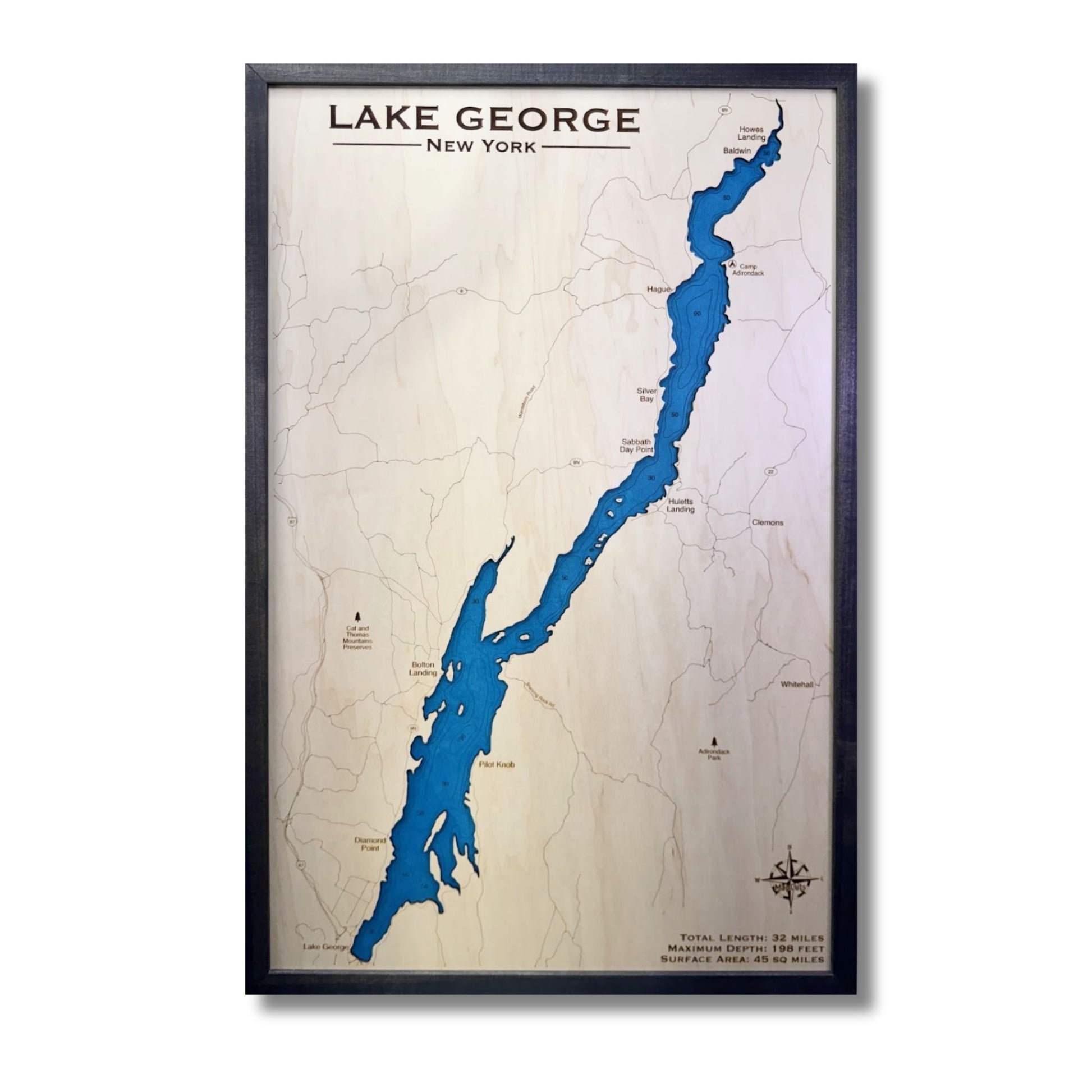 Engraved water layer map of Lake George, New York, with a black frame. 