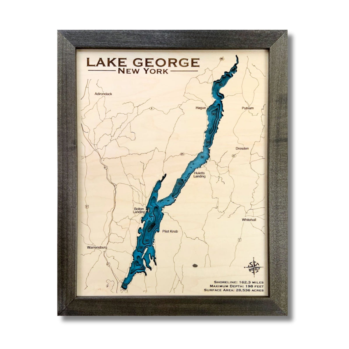 Framed wooden map of Lake George, New York with a brown frame.