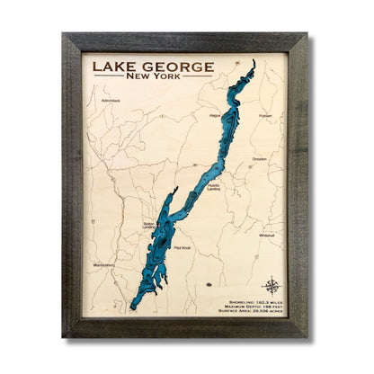 Framed wooden map of Lake George, New York with a brown frame.