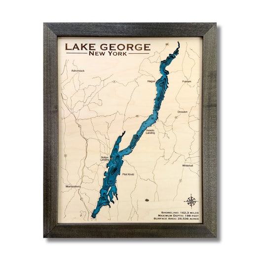 Framed wooden map of Lake George, New York with a brown frame.