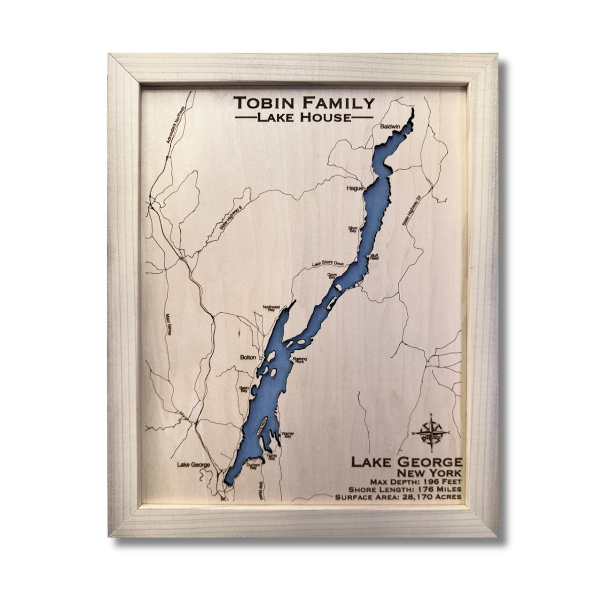 Single water layer map of Lake George with natural frame. 