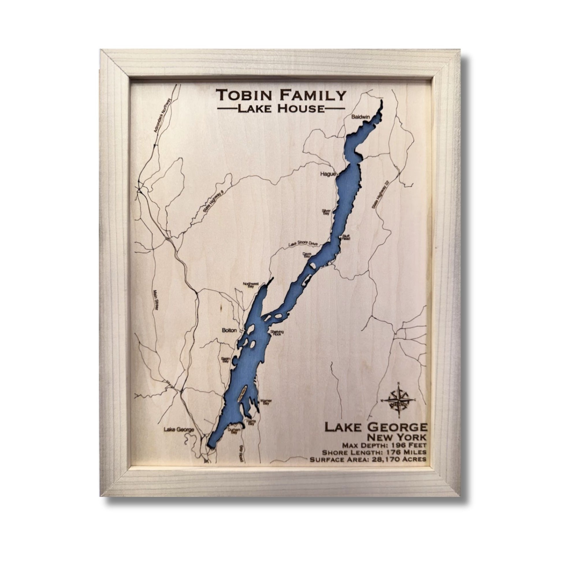 Single water layer map of Lake George with natural frame. 