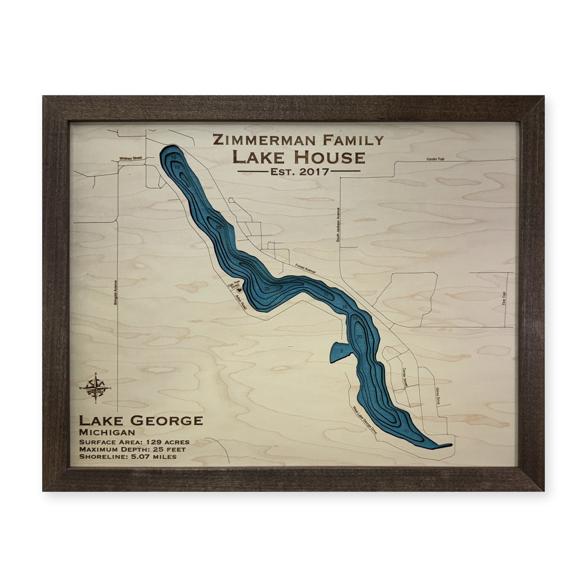 Lake George Zimmerman wood map — multilayer, white background
