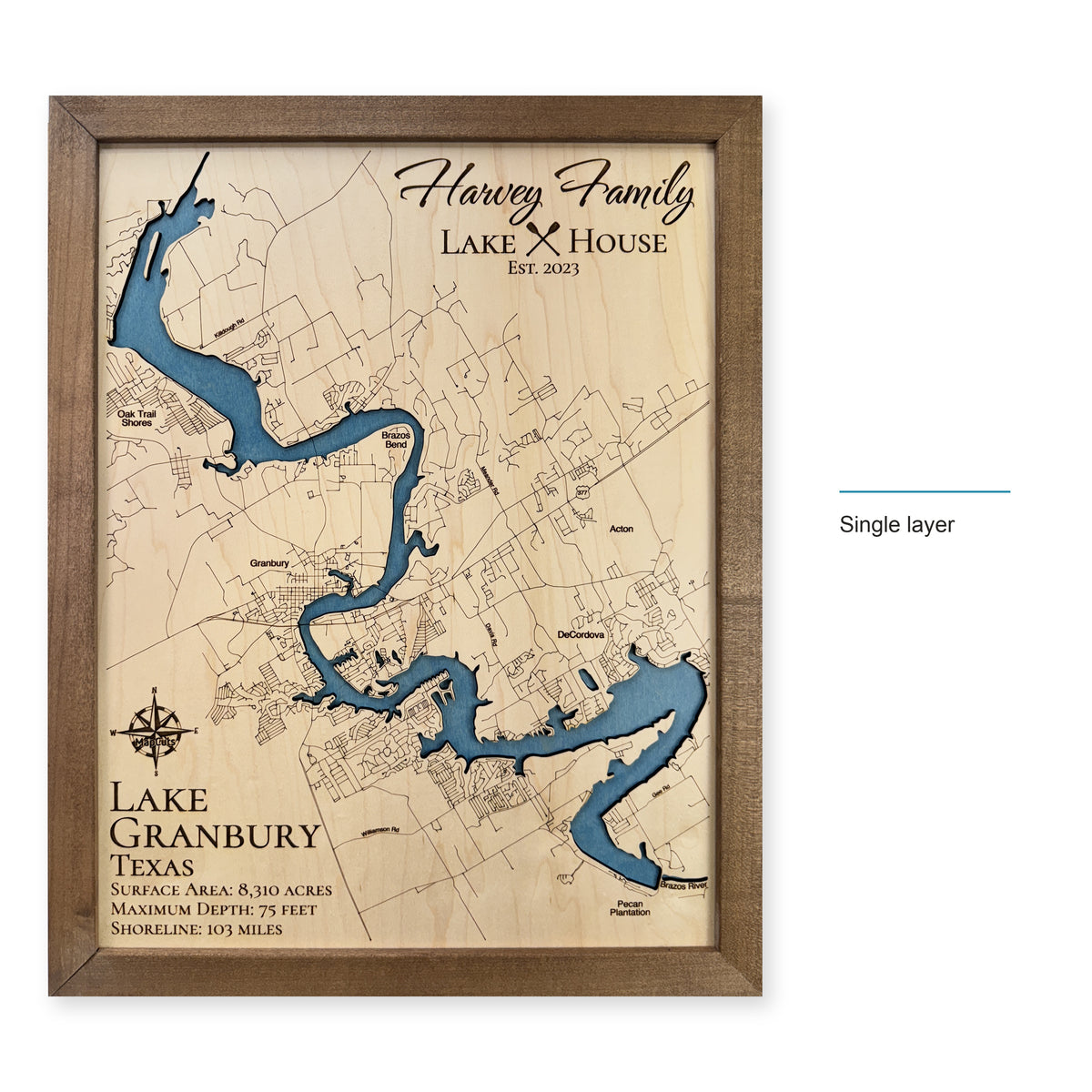 Lake Granbury wood map — single layer, layer option shown