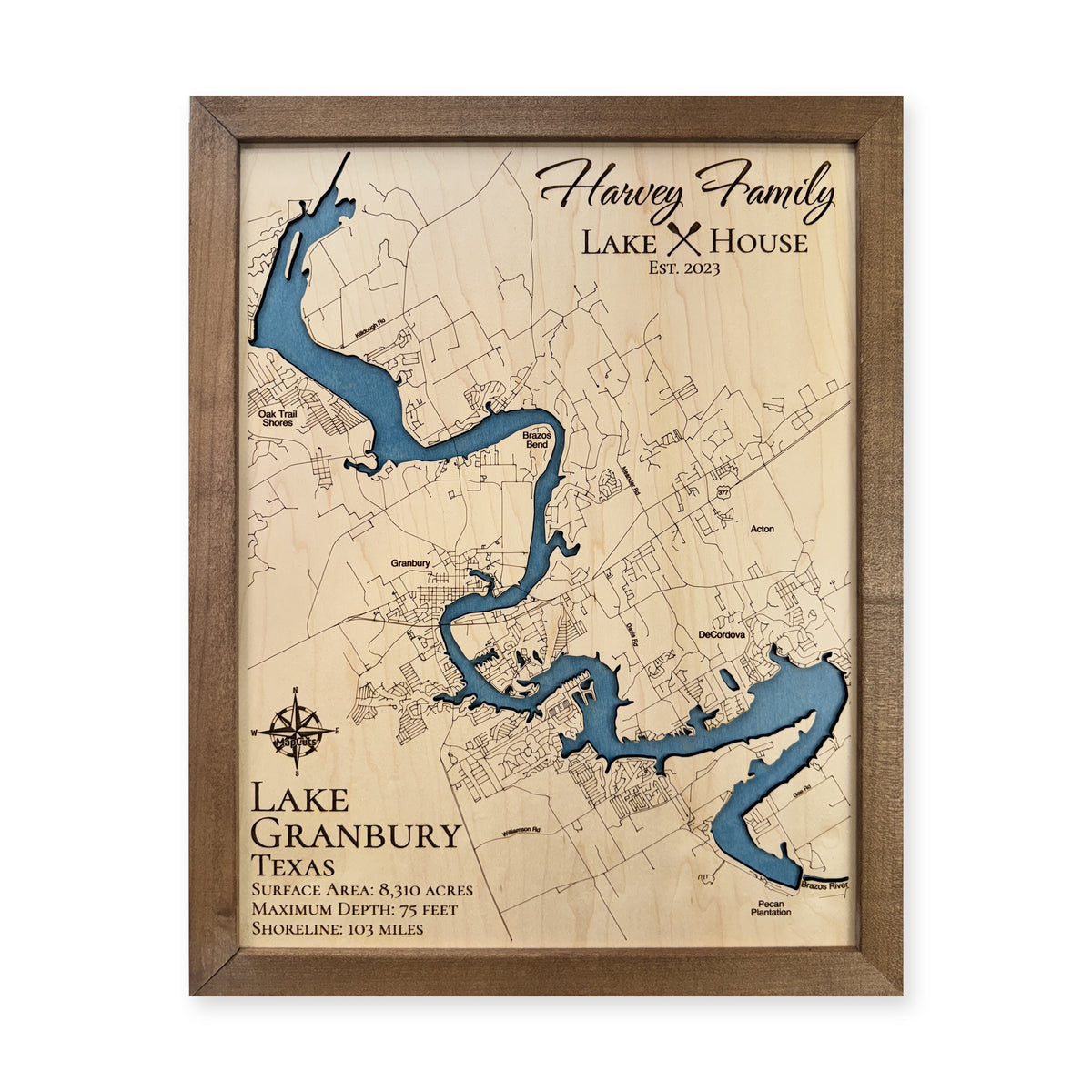 Lake Granbury wood map — single layer, white background