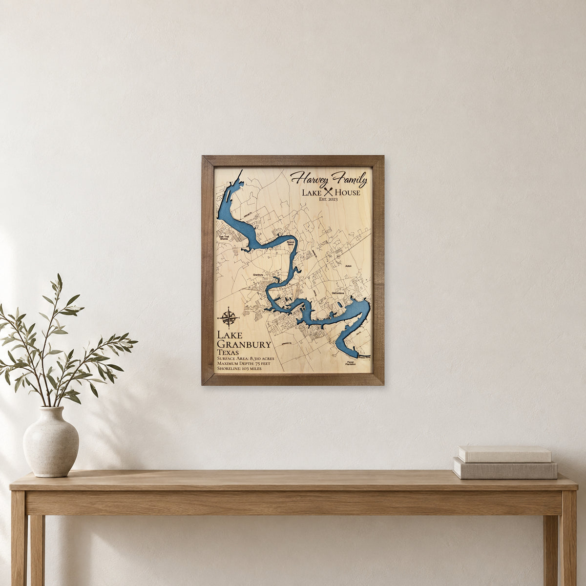 Lake Granbury wood map — single layer, staged room mockup