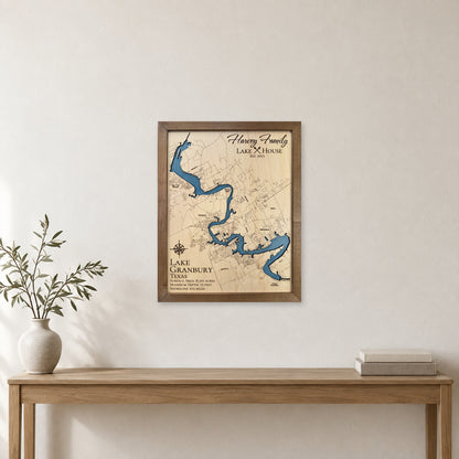 Lake Granbury wood map — single layer, staged room mockup