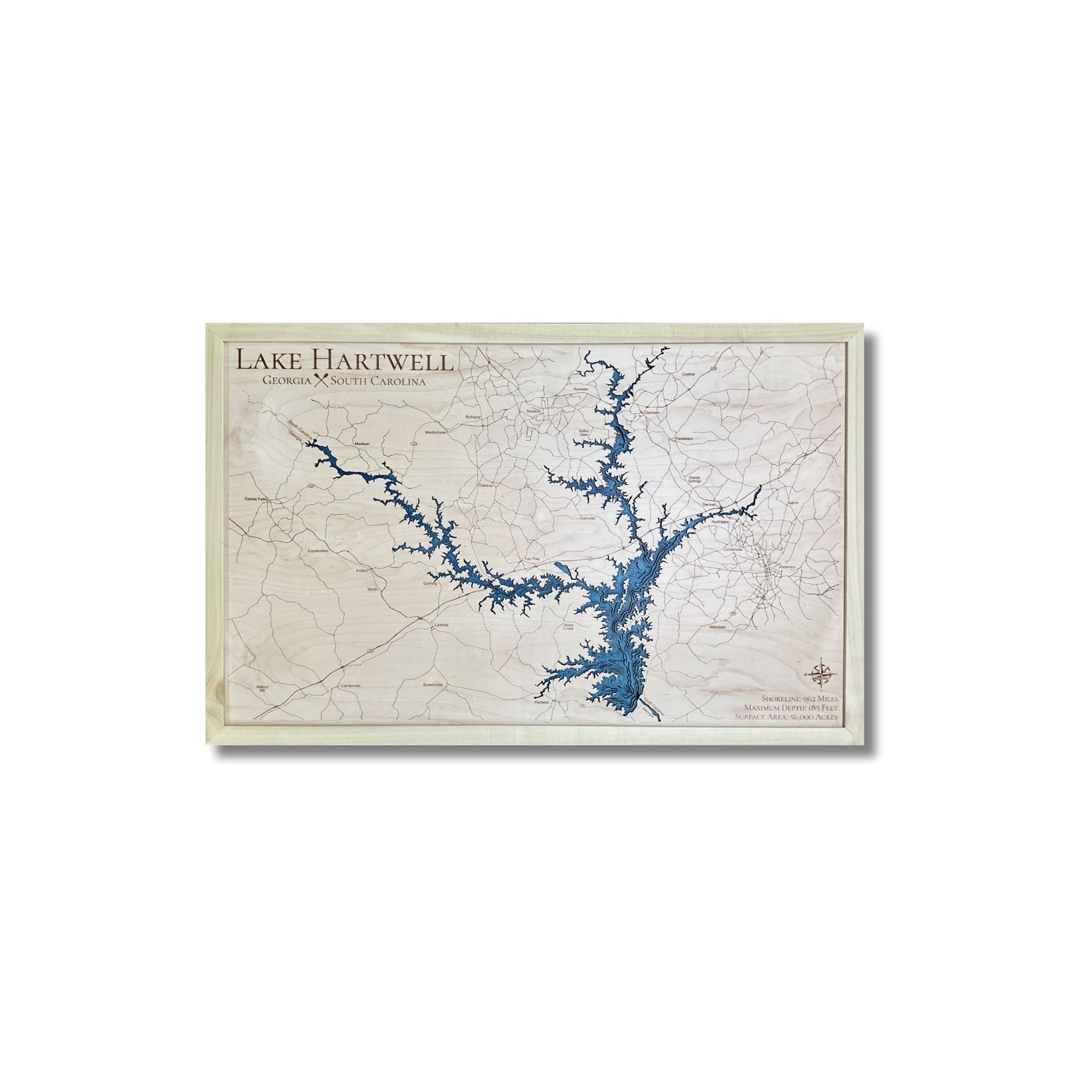 Lake Hartwell multi water layer map with blue water stain and a natural colored frame. 