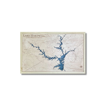 Lake Hartwell multi water layer map with blue water stain and a natural colored frame. 
