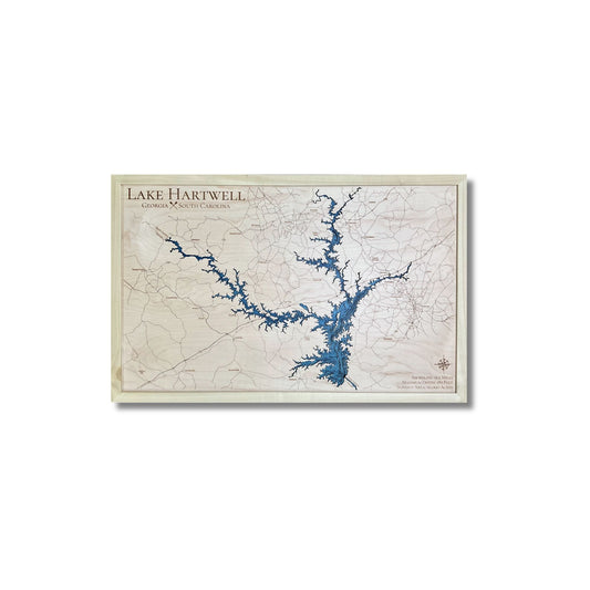 Lake Hartwell multi water layer map with blue water stain and a natural colored frame. 