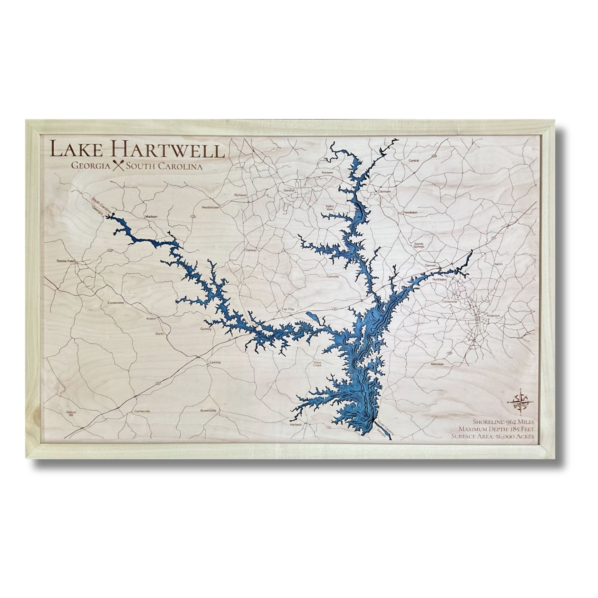 Lake Hartwell multilayer map with blue water stain and a natural colored frame. 