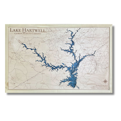 Lake Hartwell multilayer map with blue water stain and a natural colored frame. 