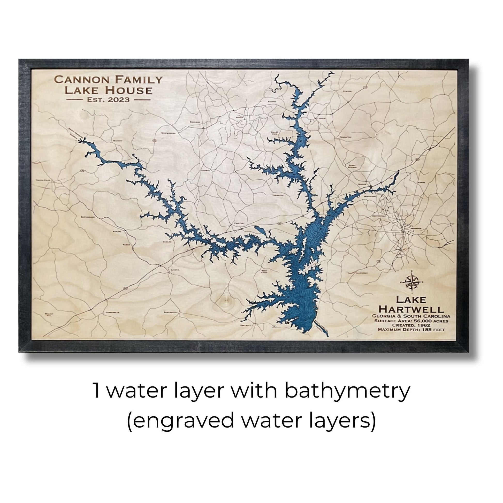 Custom ma of Lake Hartwell with engraved water layers and a black frame. 