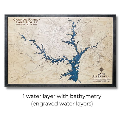 Custom ma of Lake Hartwell with engraved water layers and a black frame. 
