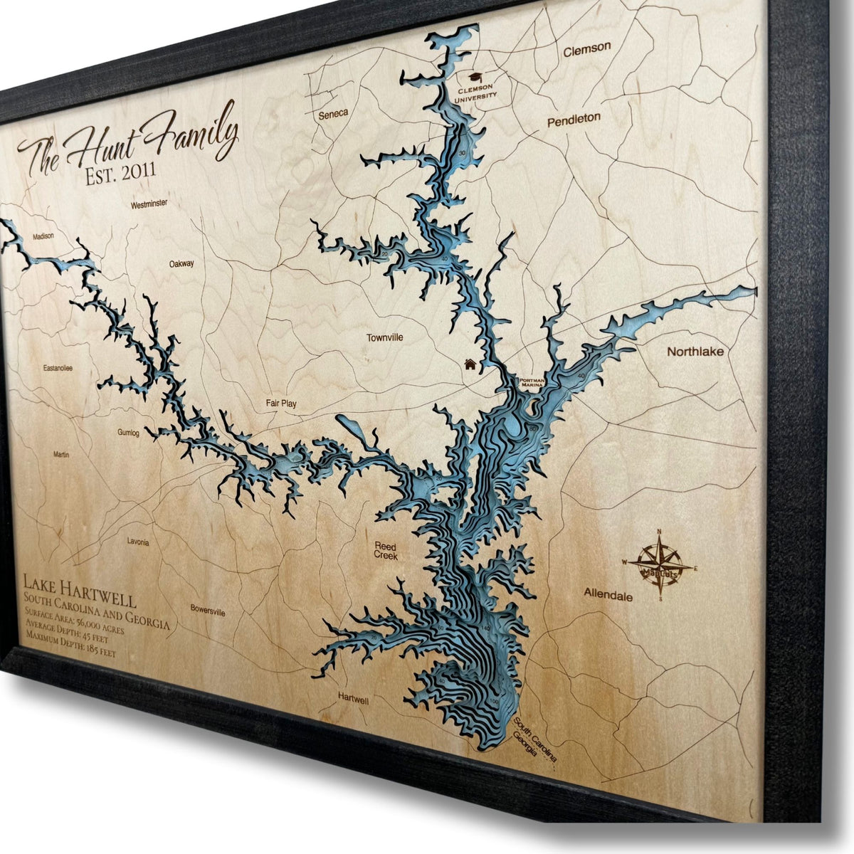 Close up sideview of a multi water layer map of Lake Hartwell. 