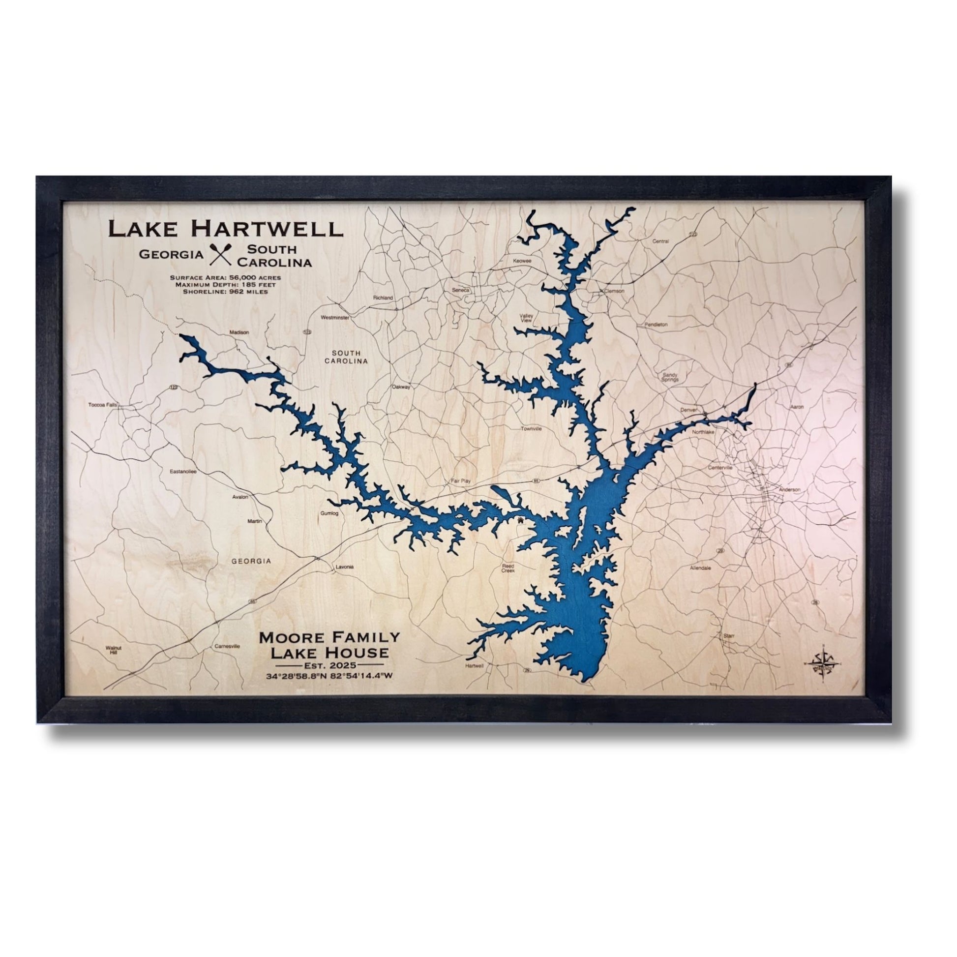 Single water layer map of Lake Hartwell with black frame. 