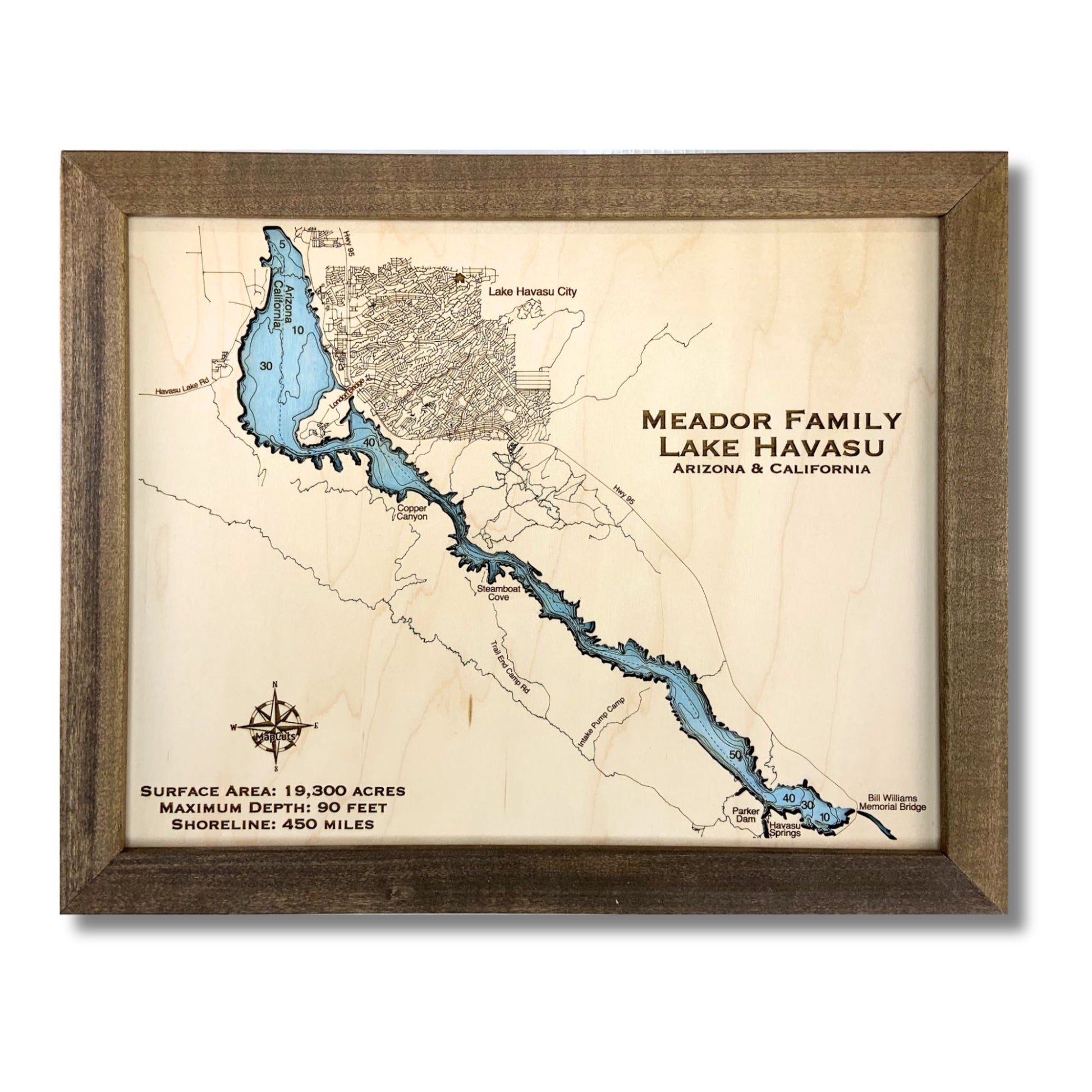 Wooden map of Lake Havasu with a light blue water stain.