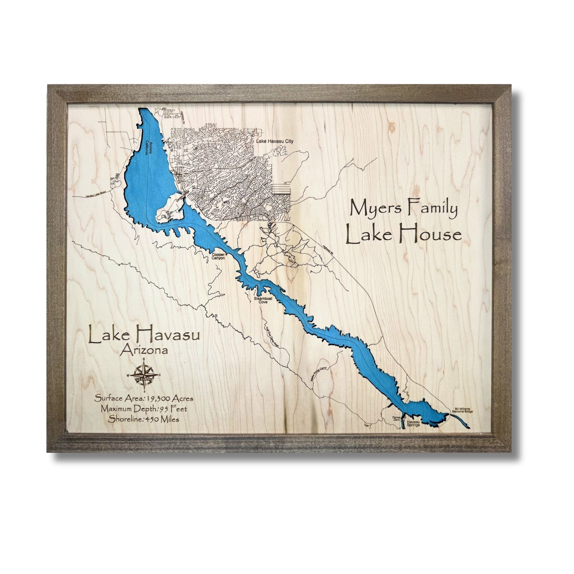 Single water layer wooden map of Lake Havasu.
