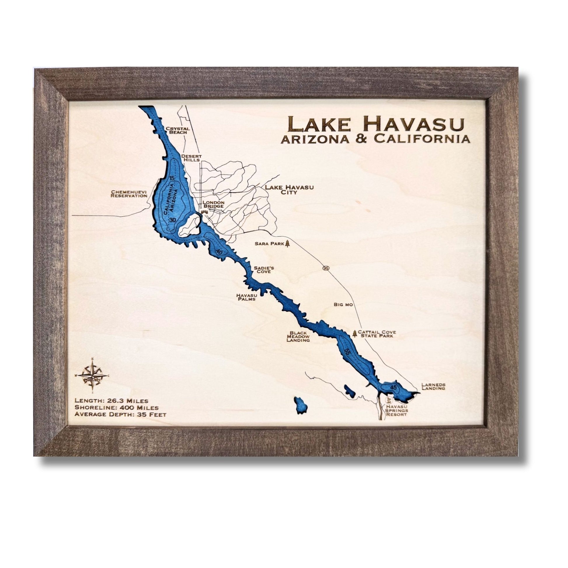Framed map of Lake Havasu, Arizona & California with wooden frame and engraved water layers.