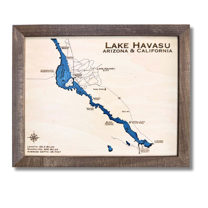 Framed map of Lake Havasu, Arizona & California with wooden frame and engraved water layers.