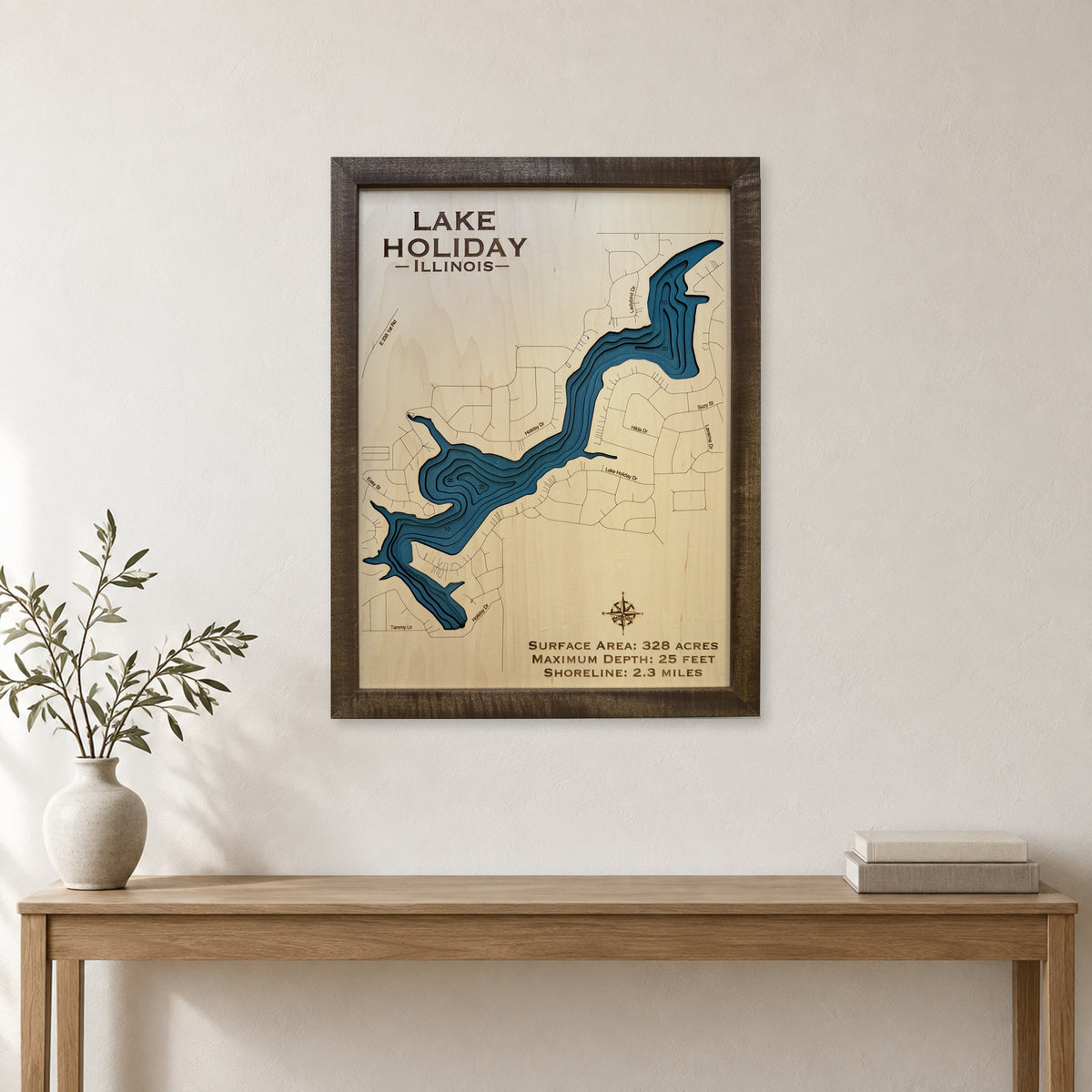 Lake Holiday wood map — multilayer, staged room mockup