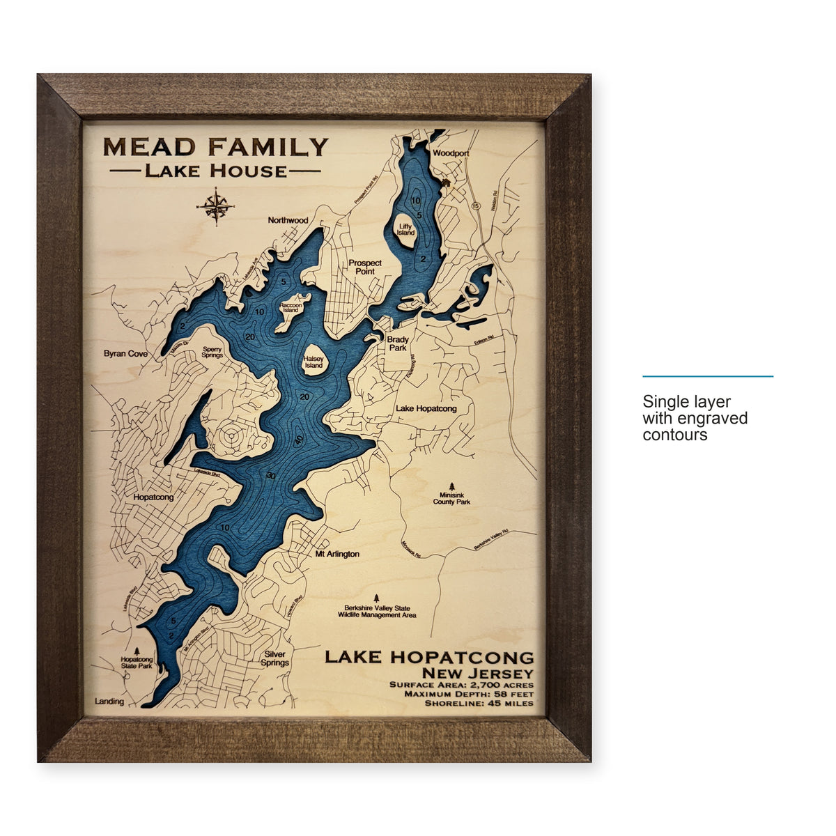 Lake Hopatcong Mead wood map — single layer with engraved contours, layer option shown