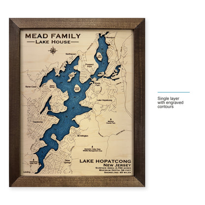 Lake Hopatcong Mead wood map — single layer with engraved contours, layer option shown