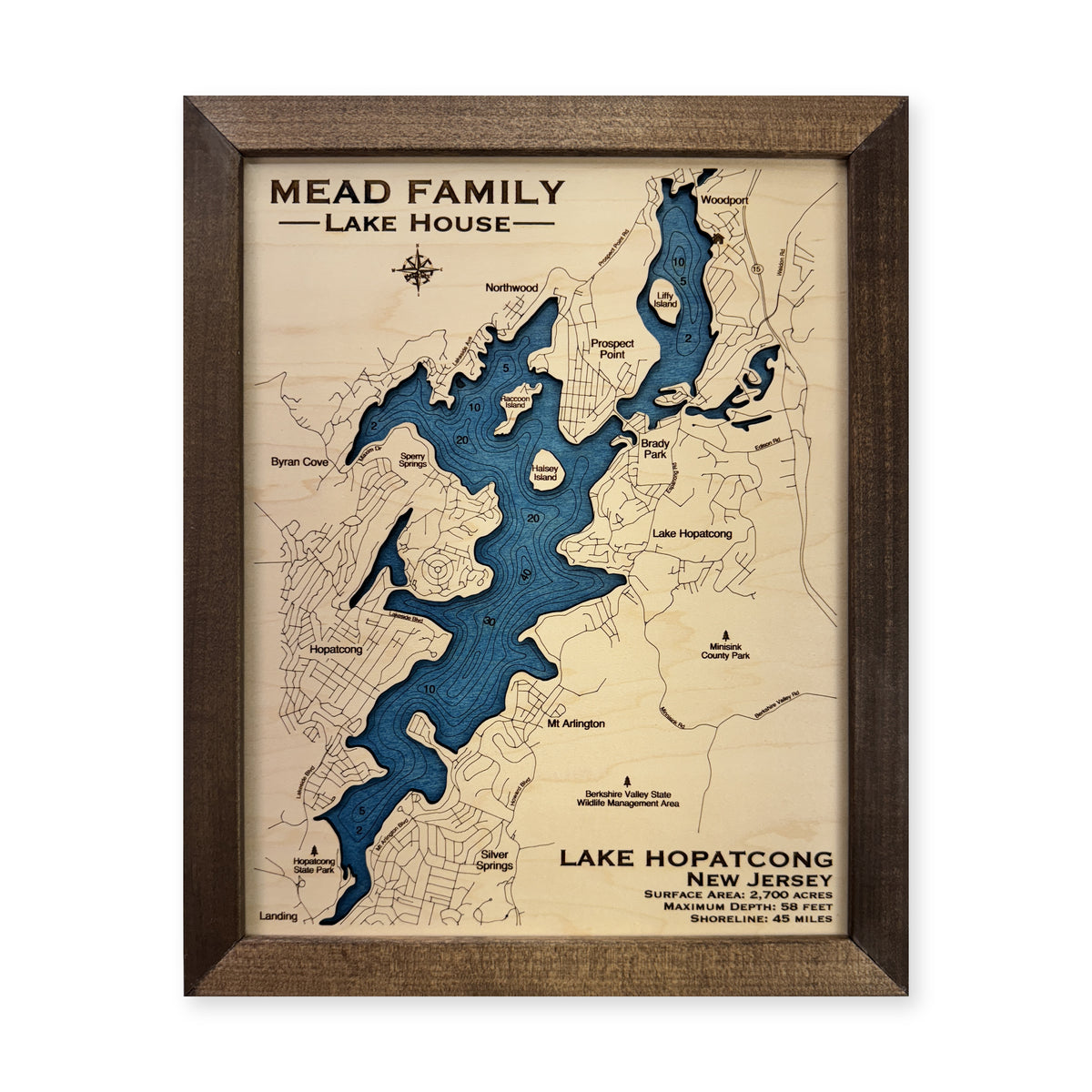 Lake Hopatcong Mead wood map — single layer with engraved contours, white background