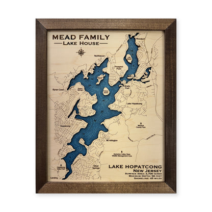 Lake Hopatcong Mead wood map — single layer with engraved contours, white background