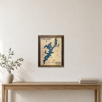 Lake Hopatcong Mead wood map — single layer with engraved contours, staged room mockup