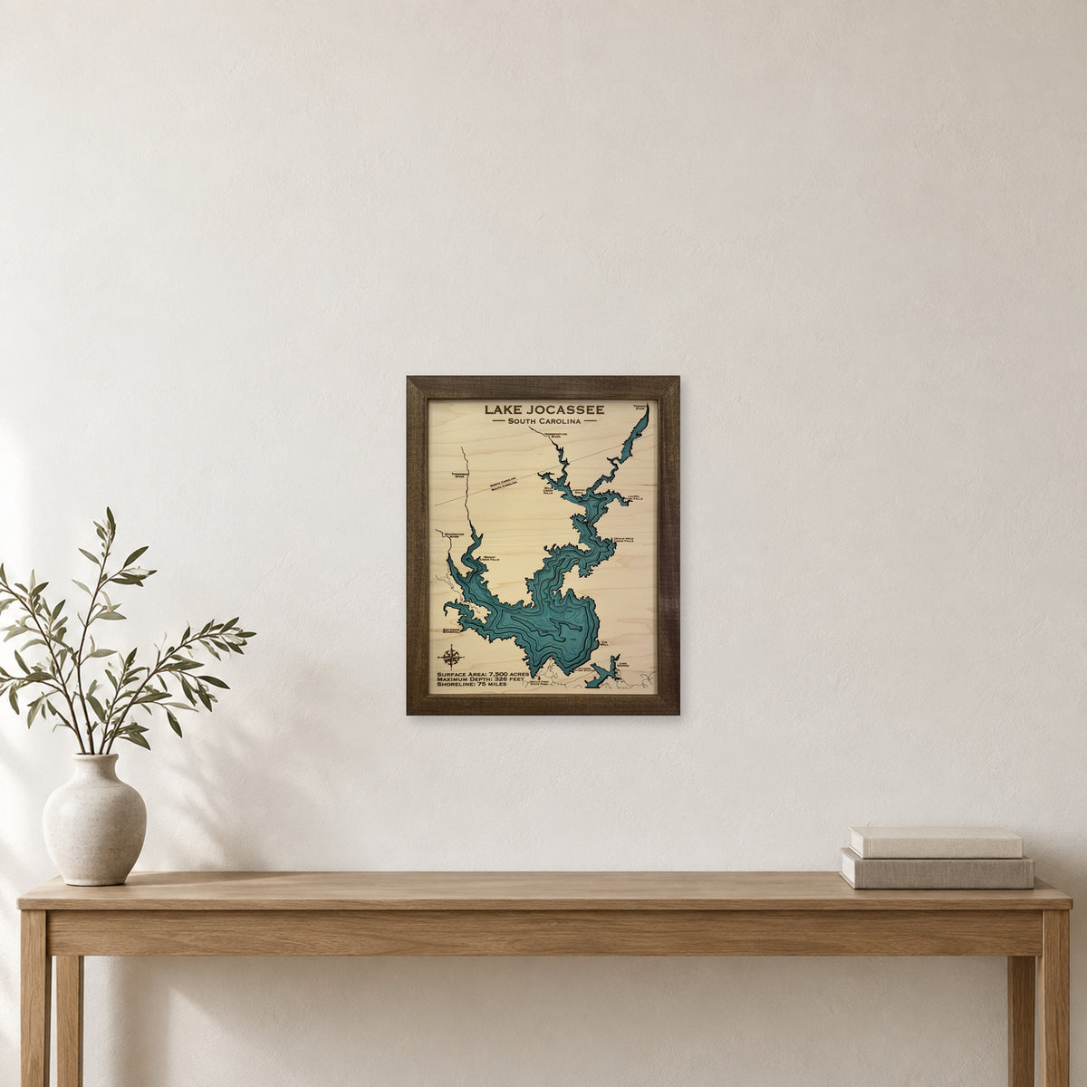 Lake Jocassee wood map — multilayer, staged room mockup