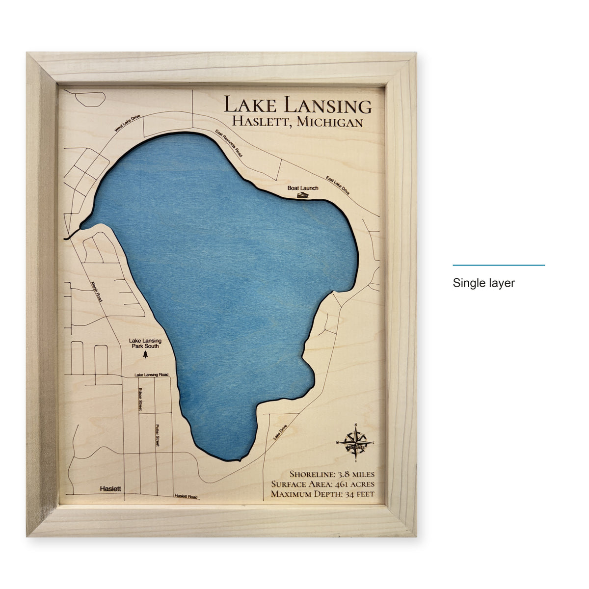 Lake Lansing wood map — single layer, layer option shown