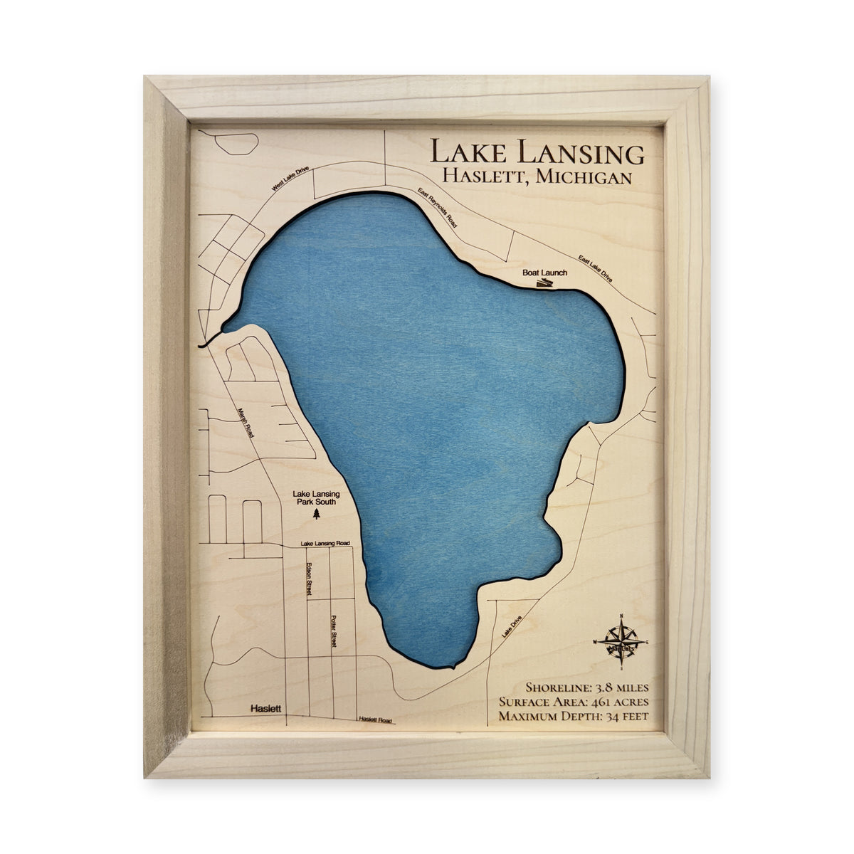 Lake Lansing wood map — single layer, white background
