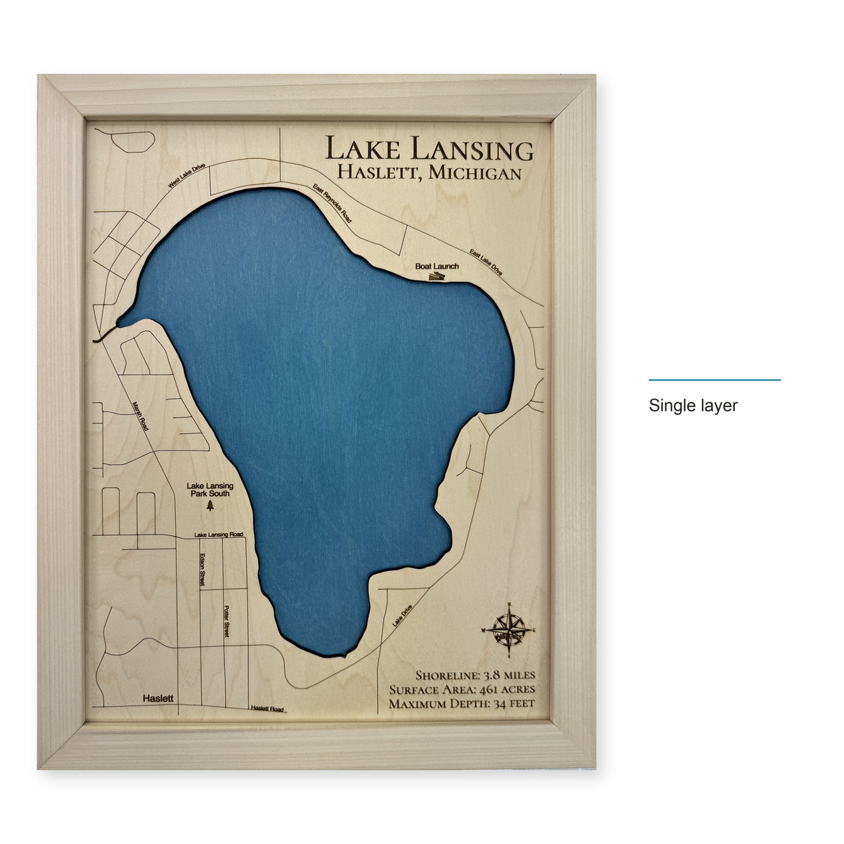Lake Lansing Natural wood map — single layer, layer option shown