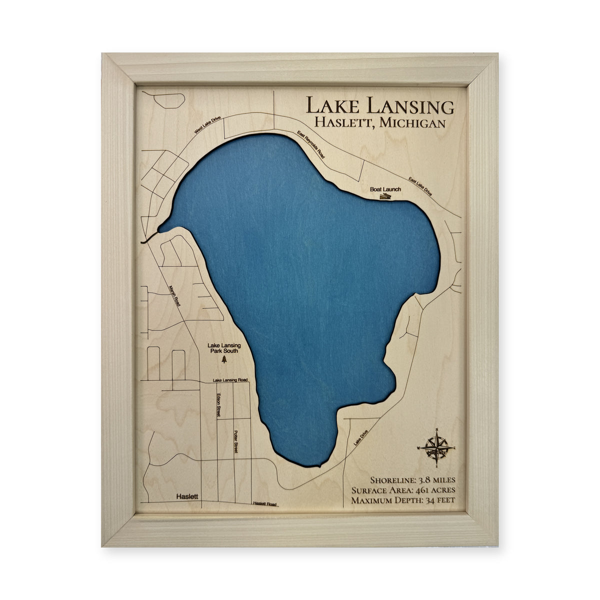 Lake Lansing Natural wood map — single layer, white background