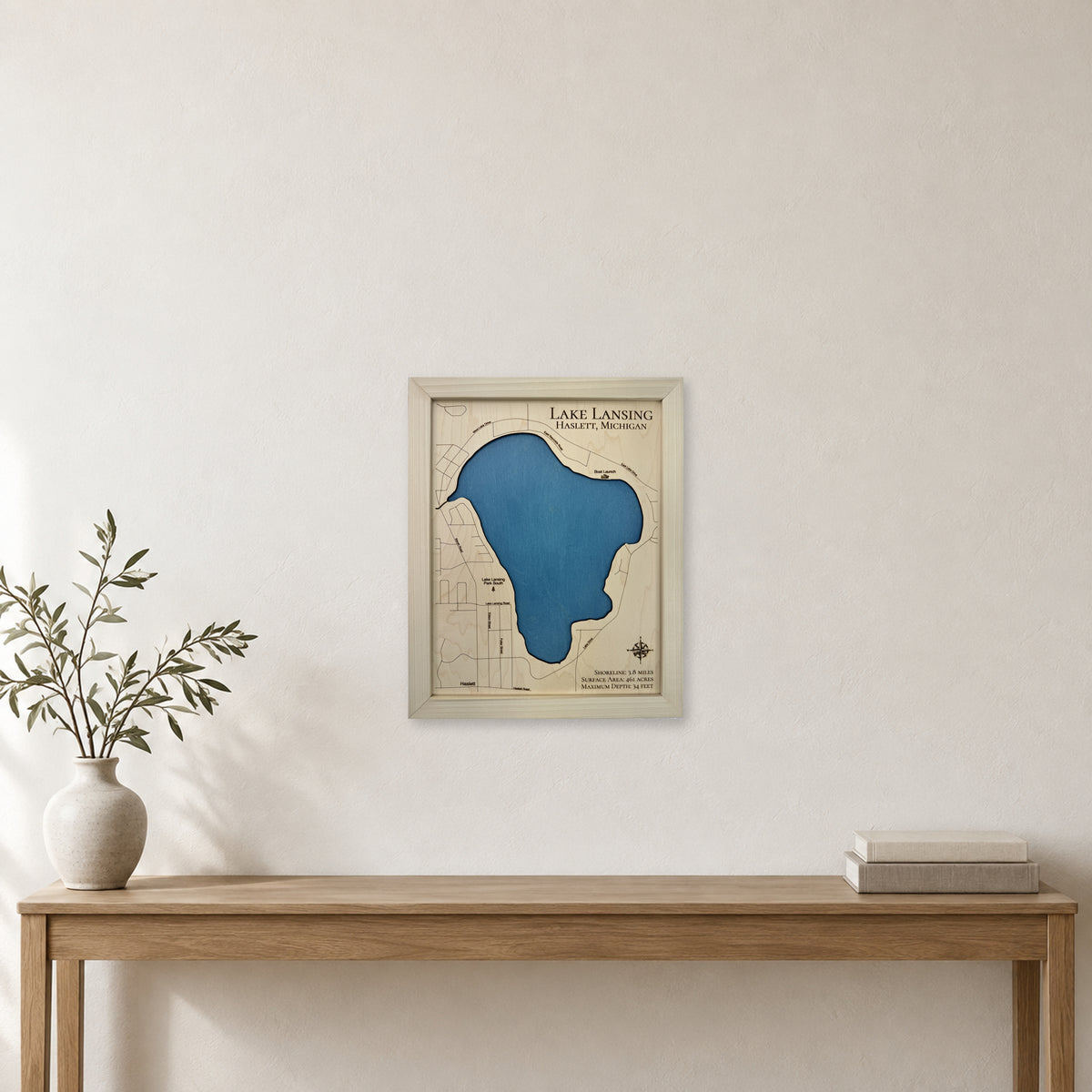 Lake Lansing Natural wood map — single layer, staged room mockup